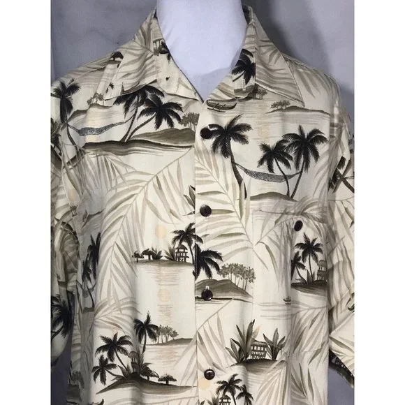 Go Barefoot Aloha Hawaiian Tiki Shirt Beige Dark Green Palm Trees Medium - Picture 5 of 10
